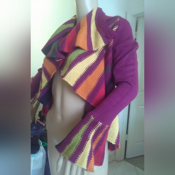 VINTAGE MULTI COLOR CROP TOP KNIT FLARE SLEEVES HUGE COLLAR W/ SILVER PIN M/LG - Picture 2 of 6